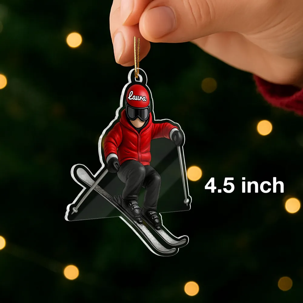 Personalized Skier Acrylic Ornament, Custom Name Winter Skiing Scene, Unique Christmas Tree Gift For Ski Lovers - Image 2