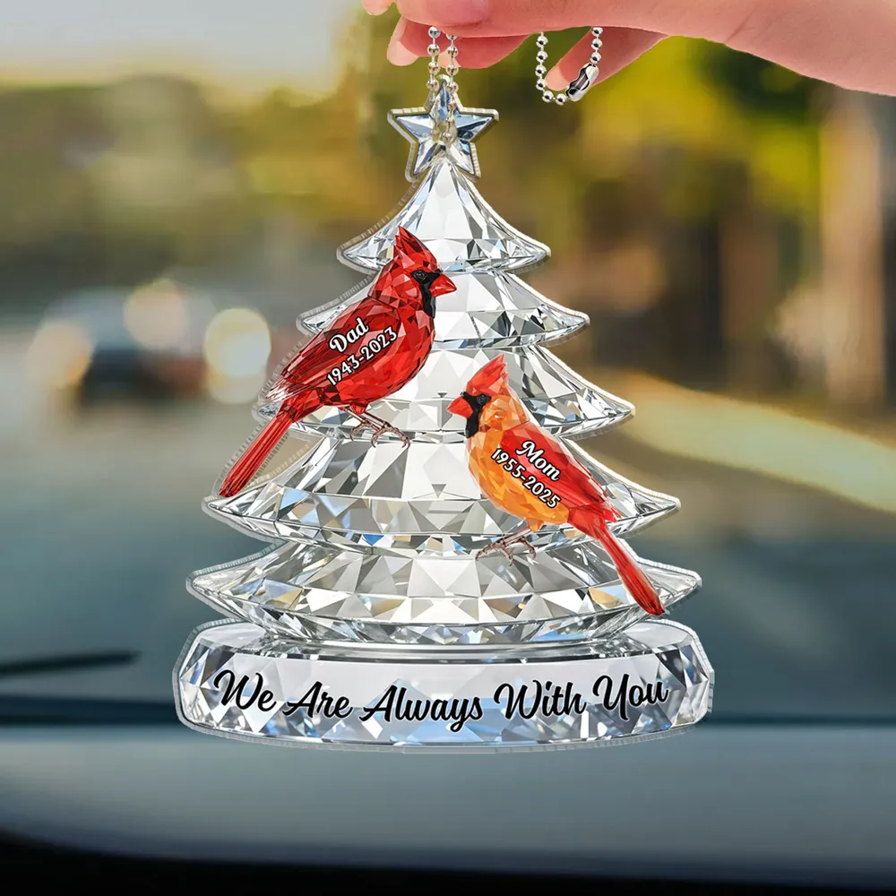 Personalized Memorial Acrylic Car Hanger, Cardinal Birds on Crystal Tree for Car Mirror, Unique Sympathy Gift for Family - Image 3