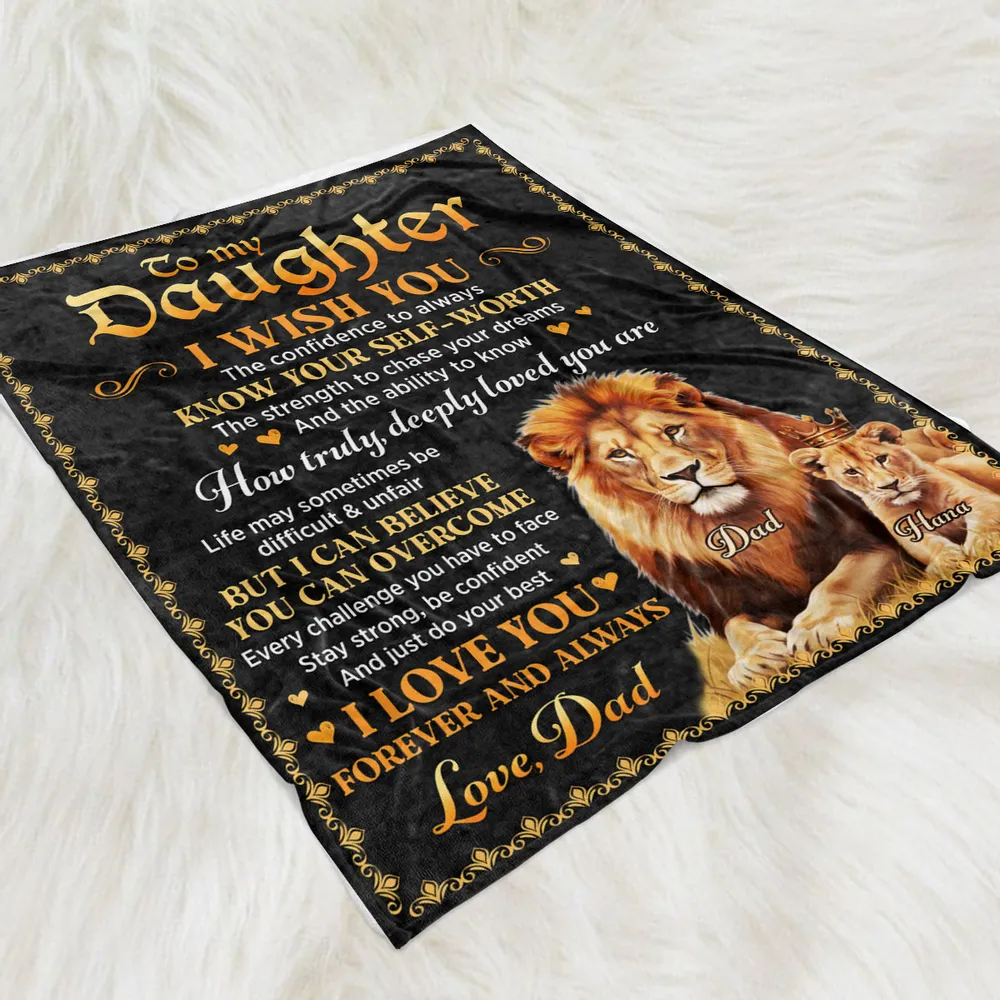 Fleece Blanket With To My Daughter Inspirational Quote and Lion Design, Personalized Unique Gift From Dad, Warm Decor - Image 2