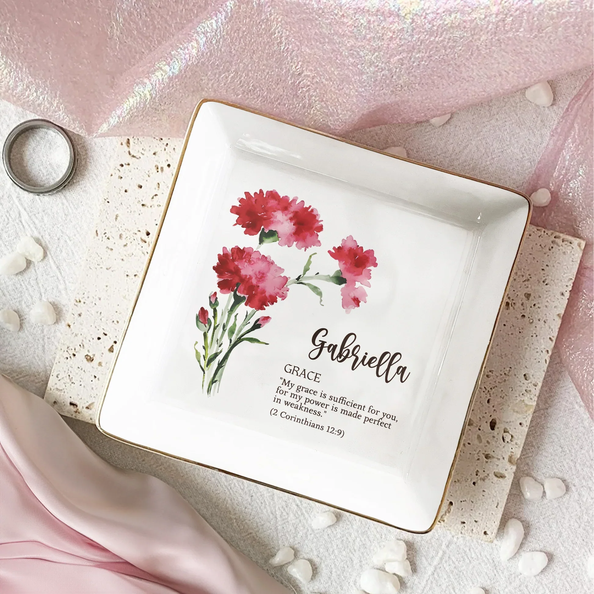 Personalized Birth Flower Jewelry Dish with Bible Verse, Watercolor Floral Keepsake, Unique Christian Gift for Her - Image 2