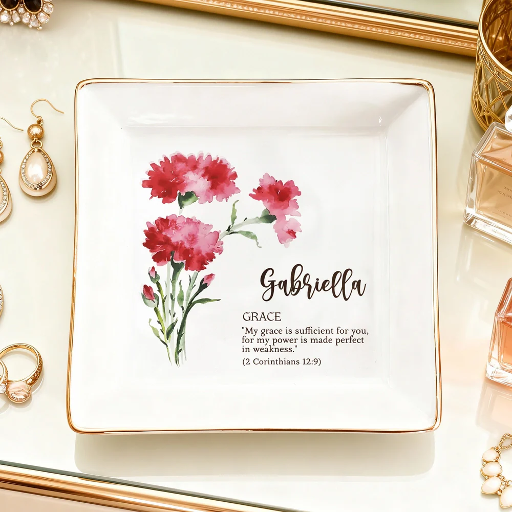 Personalized Birth Flower Jewelry Dish with Bible Verse, Watercolor Floral Keepsake, Unique Christian Gift for Her - Image 3