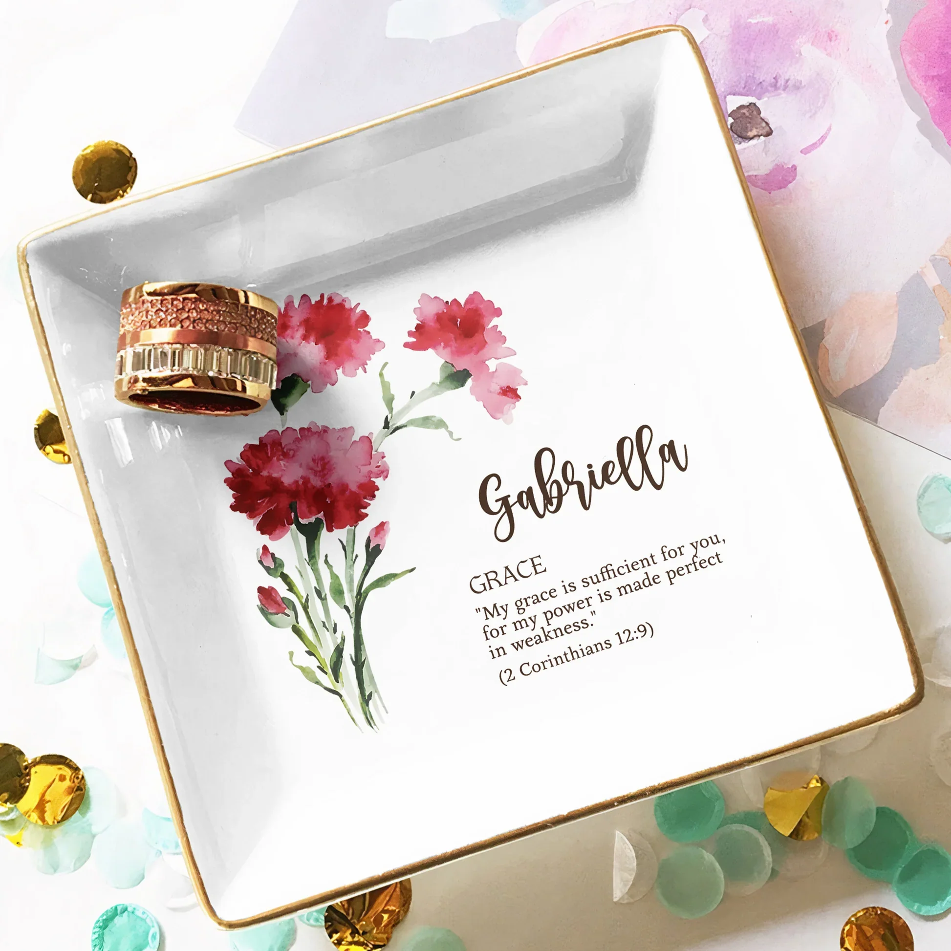 Personalized Birth Flower Jewelry Dish with Bible Verse, Watercolor Floral Keepsake, Unique Christian Gift for Her - Image 6