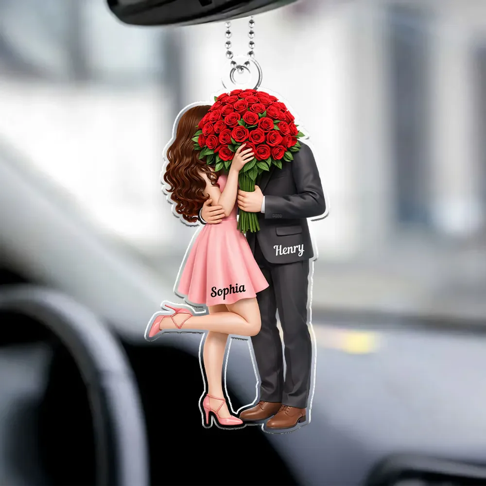 Personalized Acrylic Car Hanger Elegant Couple Hugging with Red Roses, Romantic Rearview Mirror Decor, Unique Gift for Couples - Image 2