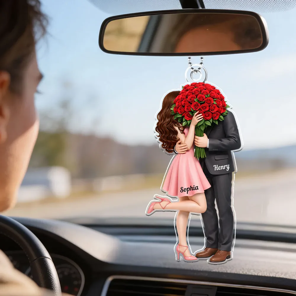 Personalized Acrylic Car Hanger Elegant Couple Hugging with Red Roses, Romantic Rearview Mirror Decor, Unique Gift for Couples - Image 5