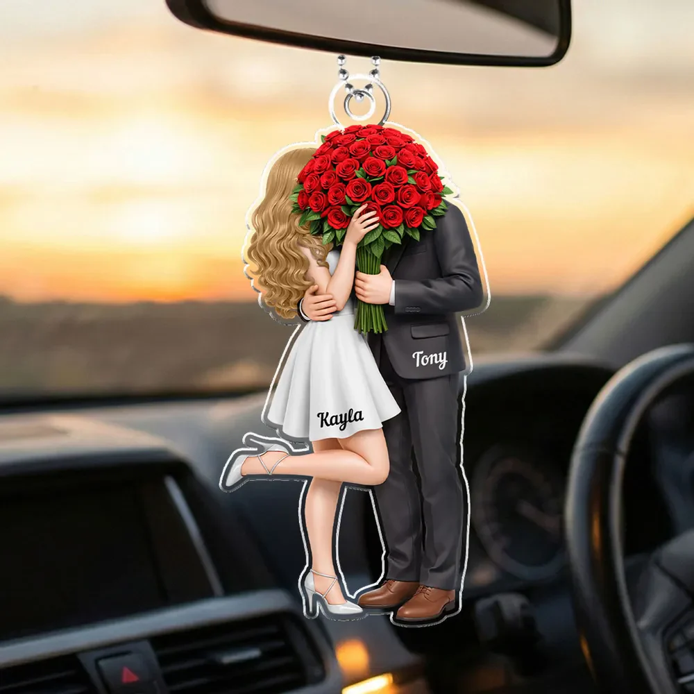 Personalized Acrylic Car Hanger Elegant Couple Hugging with Red Roses, Romantic Rearview Mirror Decor, Unique Gift for Couples - Image 7