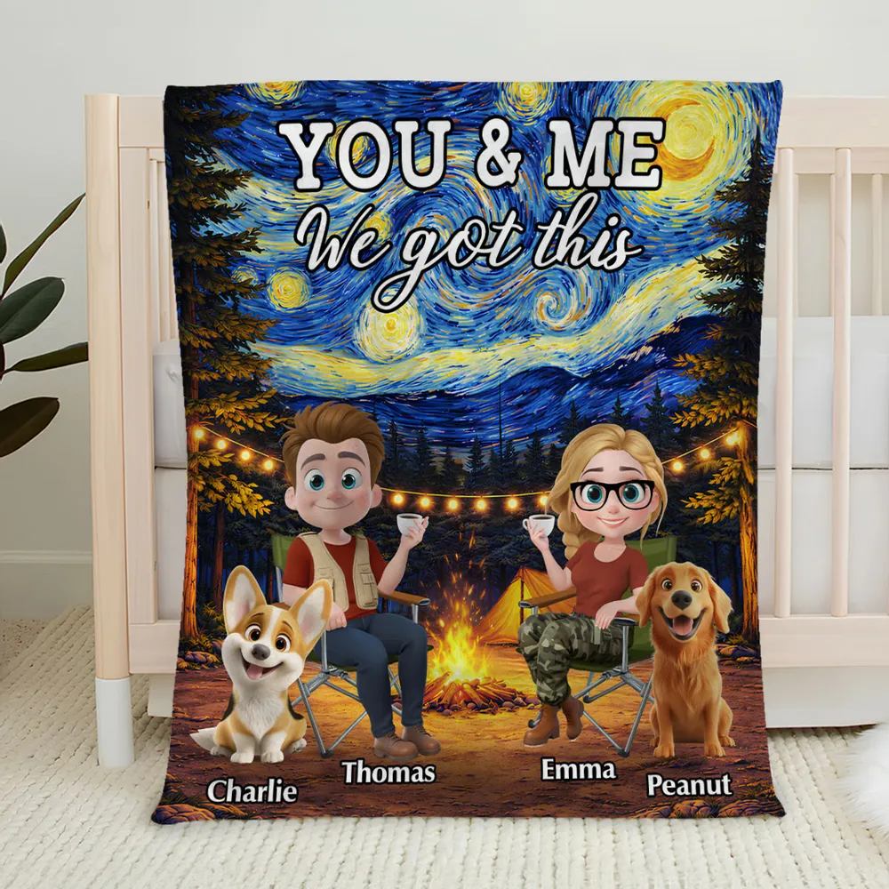 Personalized You & Me Camping Fleece Blanket, Cozy Campfire Couple & Dogs, Unique Gift for Couples - Image 6