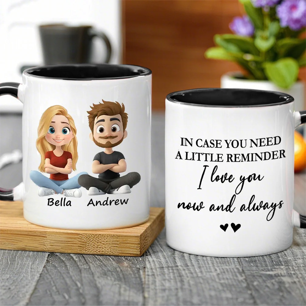 Personalized White Ceramic Mug With Cute Couple Cartoon and I love you now and always - Unique Gift for Girlfriend or Wife - Image 2