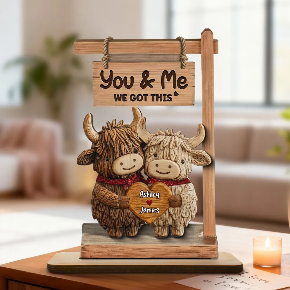 You & Me We Got This 2-Layer Wooden Plaque, Personalized Heart Name Sign with Adorable Cows, Unique Romantic Gift for Couples - Image 6
