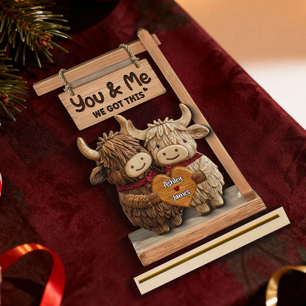 You & Me We Got This 2-Layer Wooden Plaque, Personalized Heart Name Sign with Adorable Cows, Unique Romantic Gift for Couples - Image 7