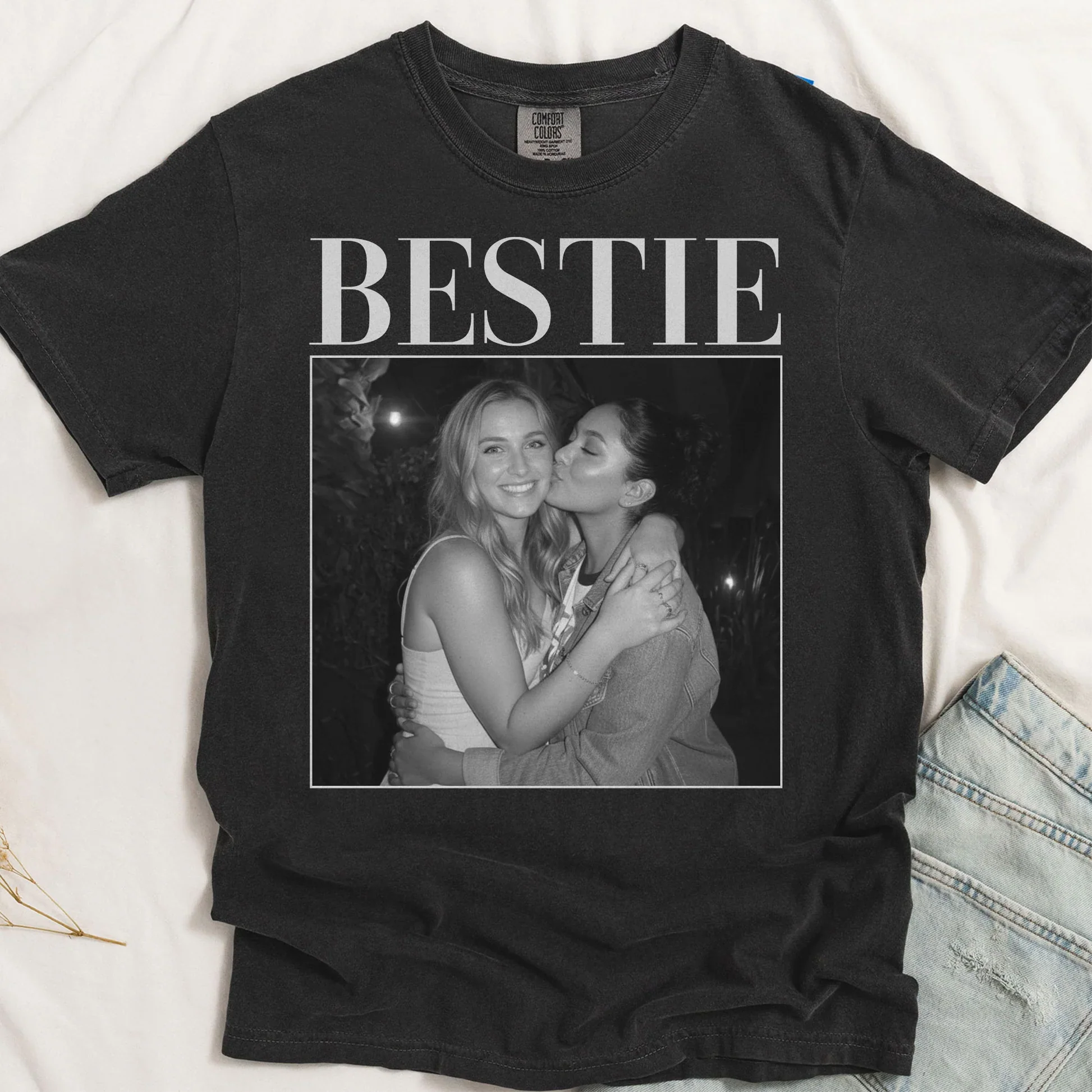 BESTIE Personalized Photo Classic Tee, Vintage-Style Black & White Memory Look, Unique Gift for Best Friend - Image 2