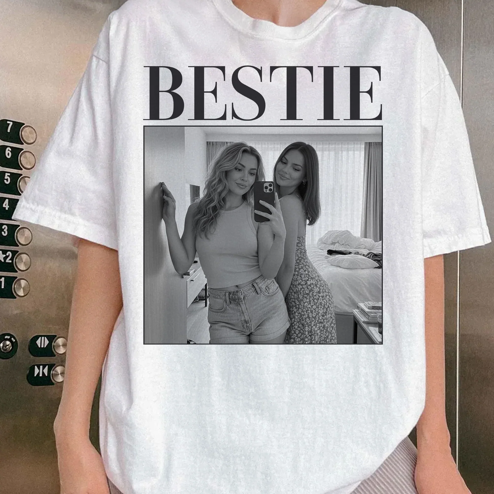 BESTIE Personalized Photo Classic Tee, Vintage-Style Black & White Memory Look, Unique Gift for Best Friend - Image 3