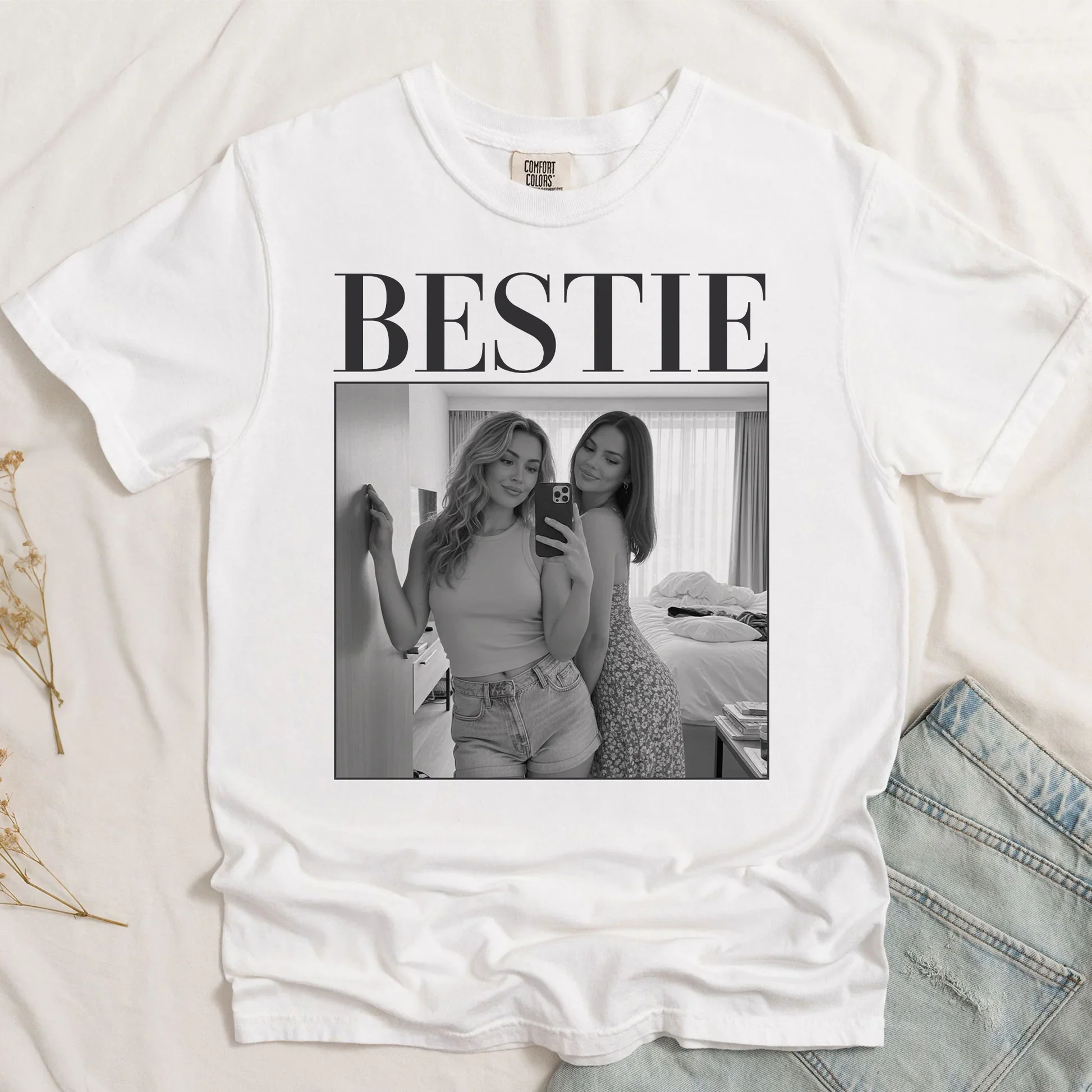 BESTIE Personalized Photo Classic Tee, Vintage-Style Black & White Memory Look, Unique Gift for Best Friend - Image 4
