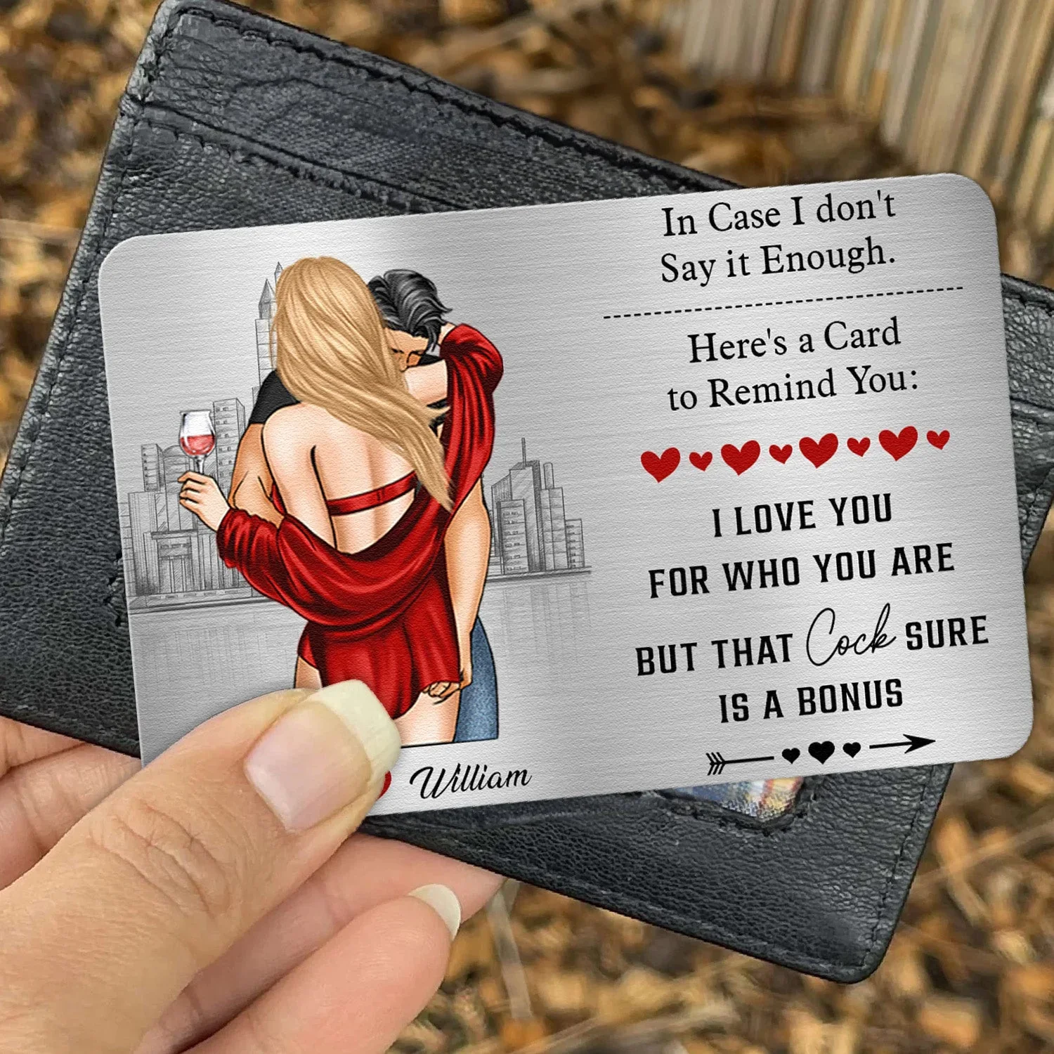 Personalized Metal Wallet Card Couples Hugging City Sketch - Funny Love Note Keepsake, Unique Gift for Husband or Boyfriend - Image 3