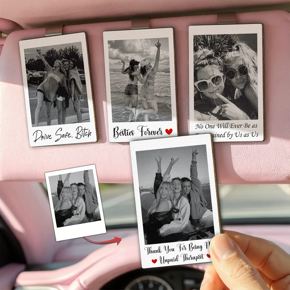 Personalized Wooden Car Visor Clip Polaroid-Style Photo Keepsake for Best Friends, Cute Travel Companion Unique Gift
