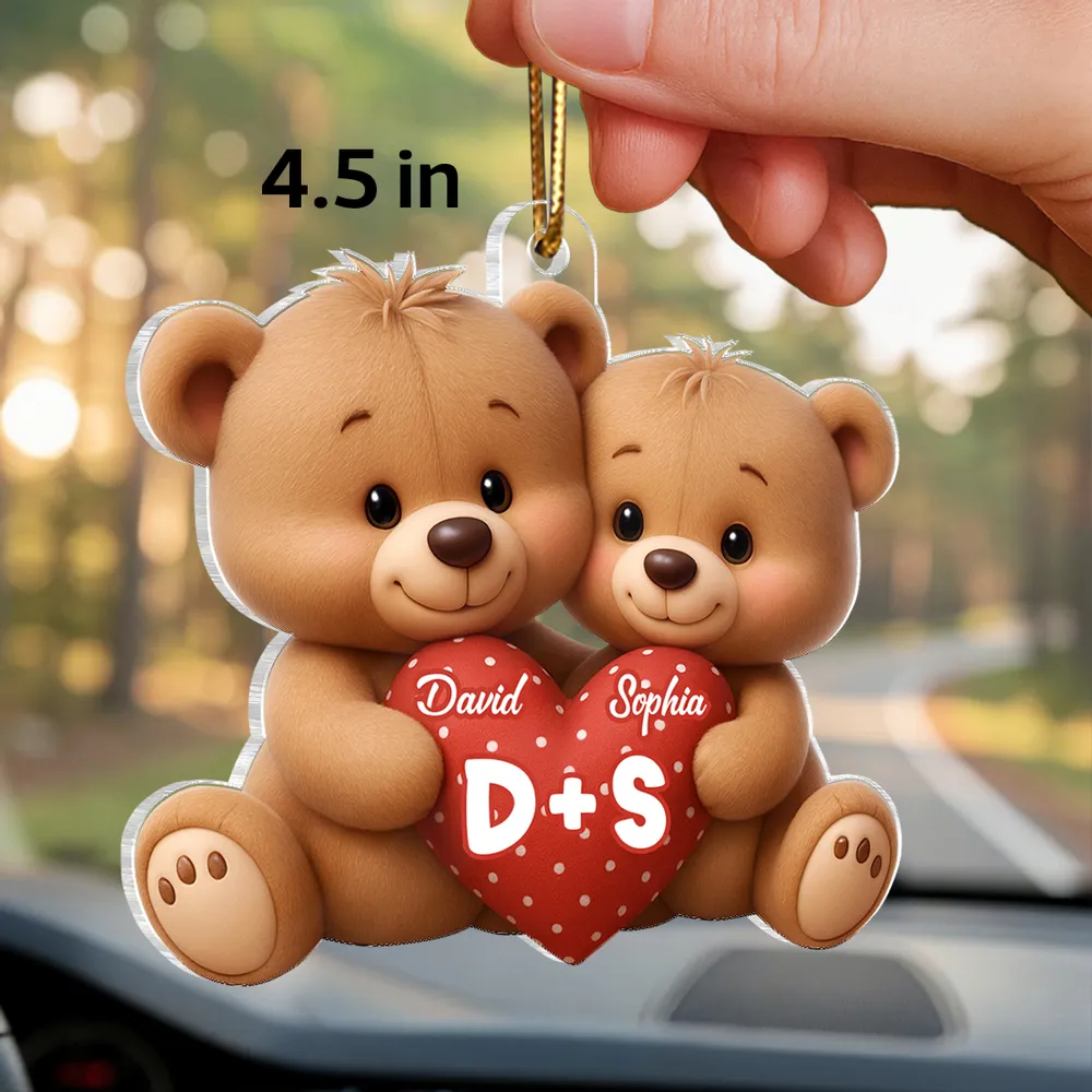 Personalized Bear Couple Acrylic Car Hanger Rearview Mirror Decor, Cute Heart Design, Unique Gift for Couples - Image 2