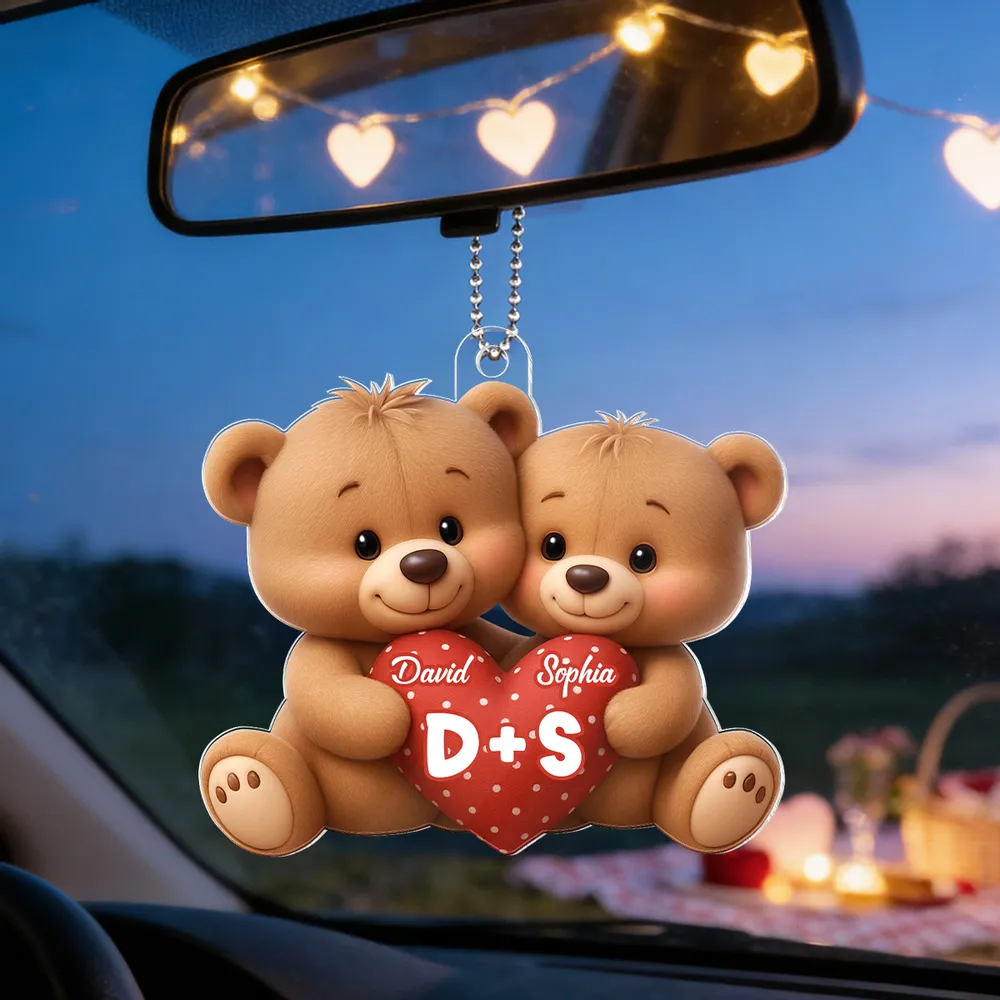 Personalized Bear Couple Acrylic Car Hanger Rearview Mirror Decor, Cute Heart Design, Unique Gift for Couples - Image 3