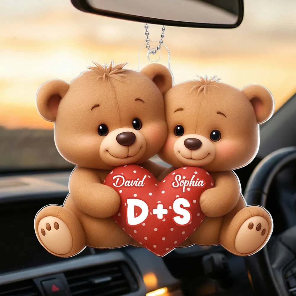 Personalized Bear Couple Acrylic Car Hanger Rearview Mirror Decor, Cute Heart Design, Unique Gift for Couples - Image 6