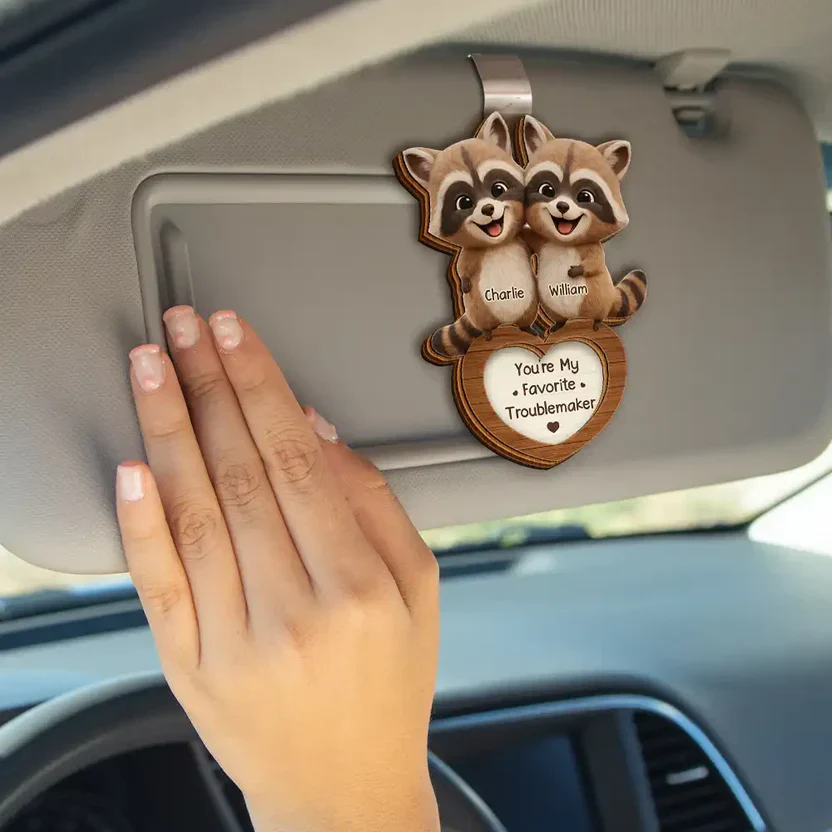 Personalized 2-Layer Wooden Car Visor Clip Cute Raccoon Couple Hugging, Funny You're Weird I'll Keep You, Unique Gift - Image 4