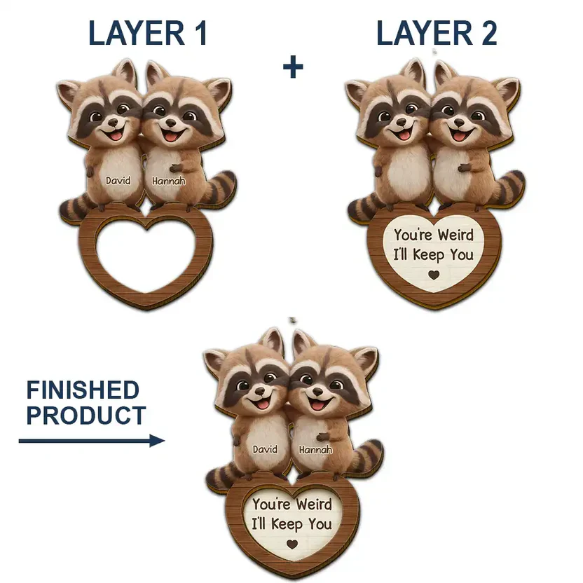 Personalized 2-Layer Wooden Car Visor Clip Cute Raccoon Couple Hugging, Funny You're Weird I'll Keep You, Unique Gift - Image 6
