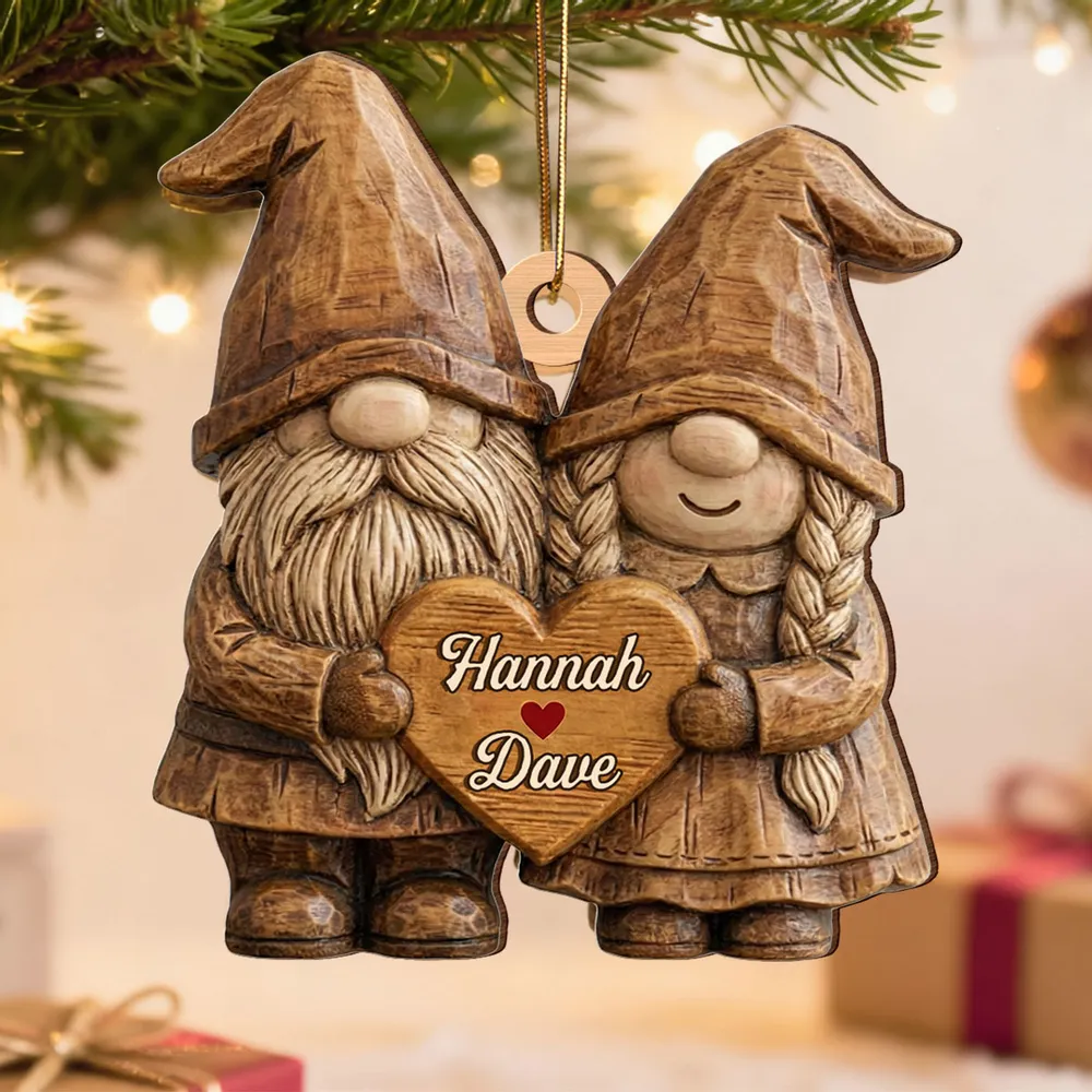 Personalized Wooden Ornament, Cute Gnome Couple Holding Heart, Unique Romantic Gift for Couples, Cozy Holiday Keepsake - Image 2
