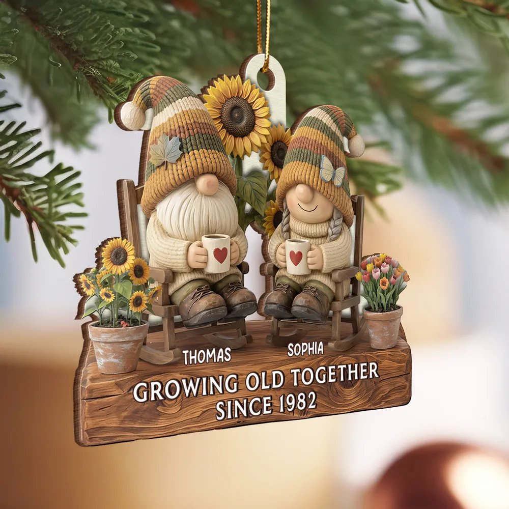 Wooden Ornament Personalized for a Couple, Cute Gnome Rocking Chairs with Sunflowers, Heartwarming Holiday Gift & Decor - Image 3