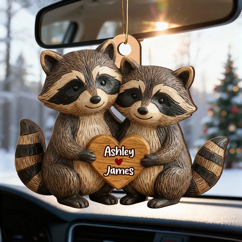 Wooden Ornament with Personalized Name Look, Adorable Animal Couple Hugging with Heart, Sweet Holiday Gift - Image 6