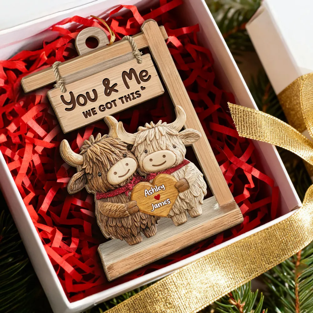 Wooden Ornament with Sweet You & Me Message, Cute Cow Couple Holding Heart, Personalized Holiday Decor Gift - Image 5