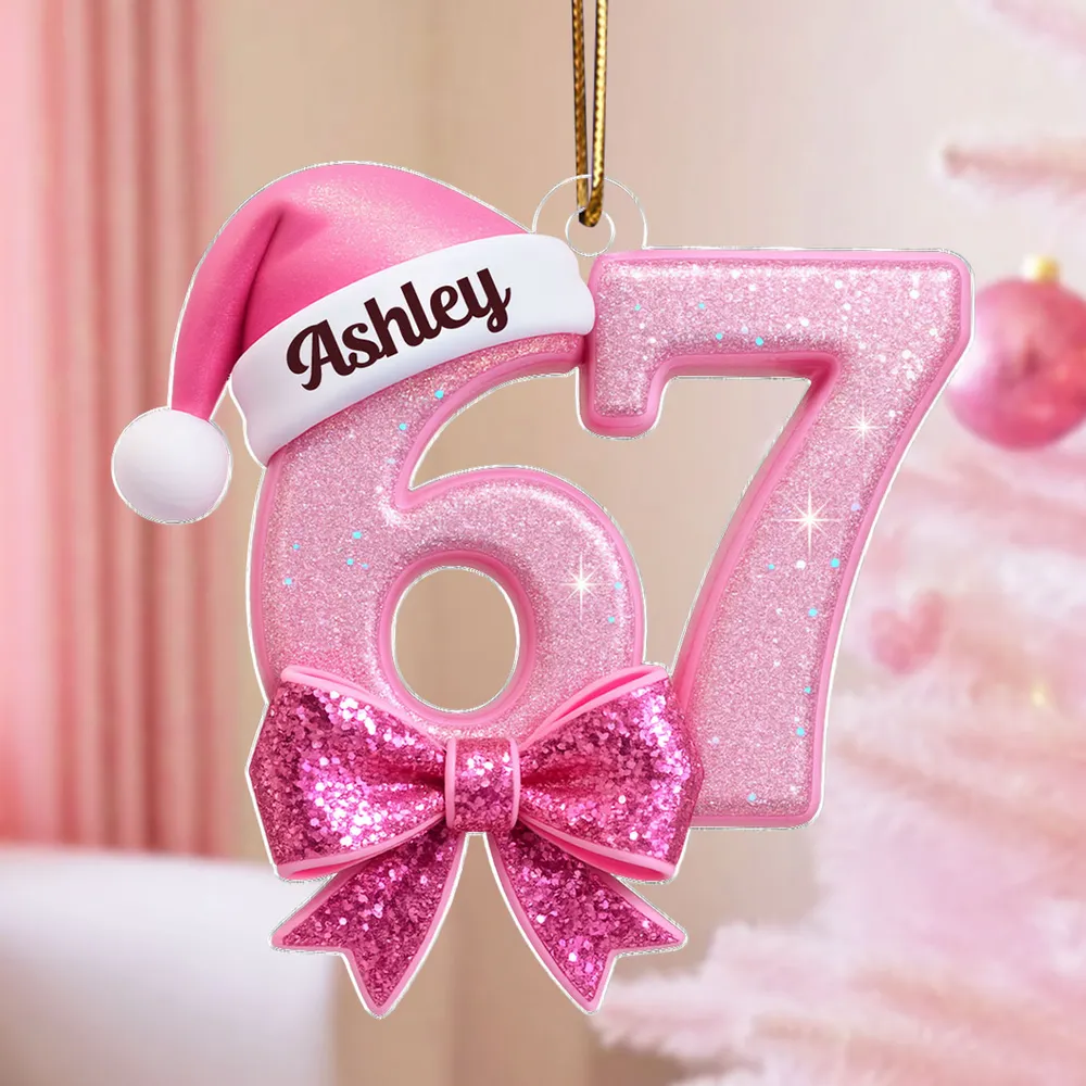 Custom Acrylic Ornament in Pink Glitter Number Style, Festive Santa Hat & Big Bow, Sweet Holiday Keepsake Gift for Grandkids - Image 2