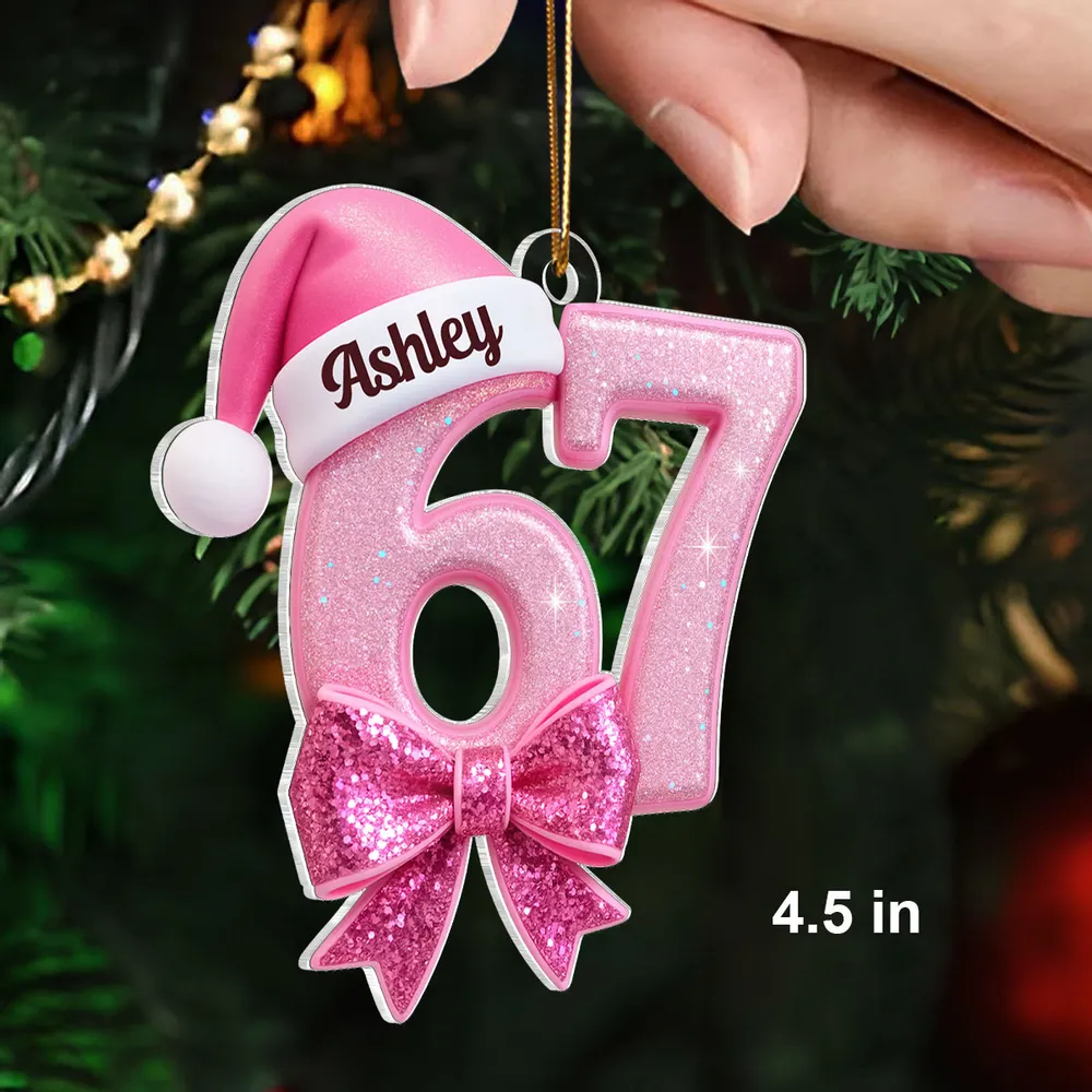 Custom Acrylic Ornament in Pink Glitter Number Style, Festive Santa Hat & Big Bow, Sweet Holiday Keepsake Gift for Grandkids - Image 3