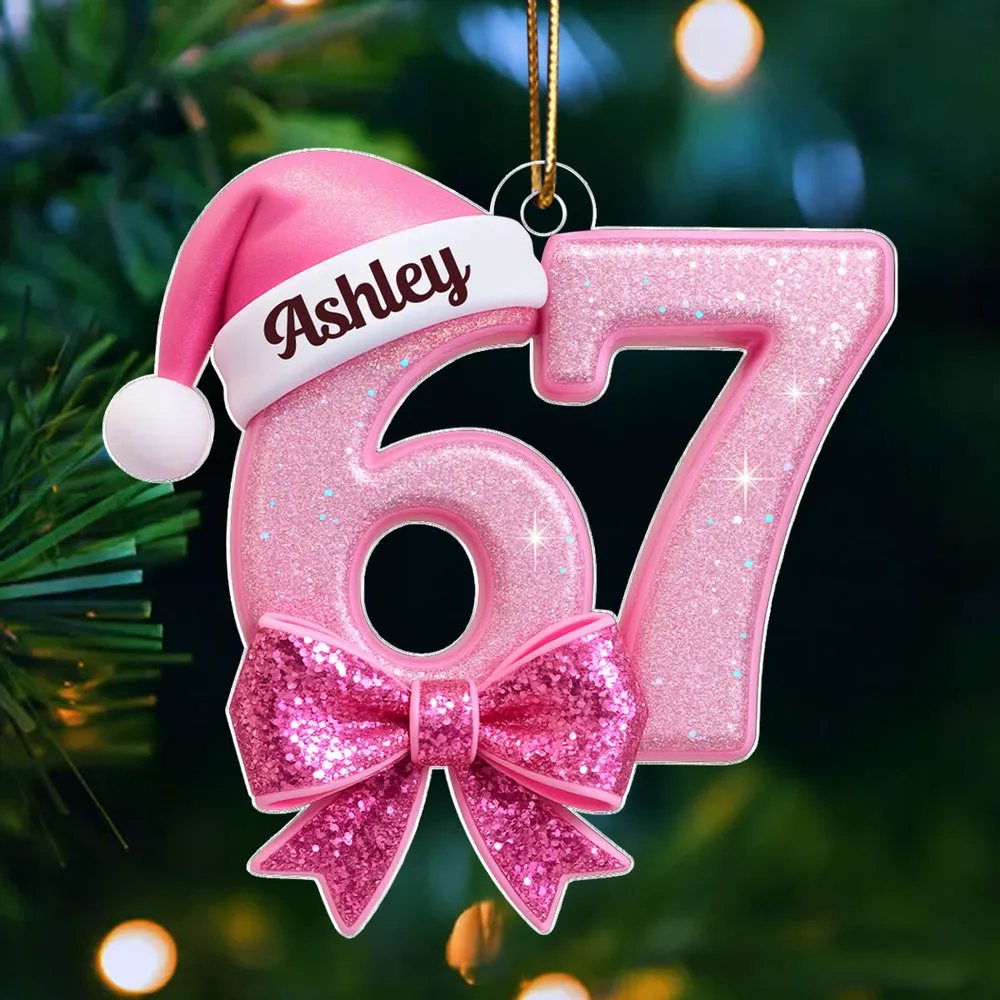 Custom Acrylic Ornament in Pink Glitter Number Style, Festive Santa Hat & Big Bow, Sweet Holiday Keepsake Gift for Grandkids - Image 5