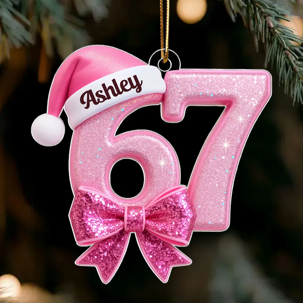 Custom Acrylic Ornament in Pink Glitter Number Style, Festive Santa Hat & Big Bow, Sweet Holiday Keepsake Gift for Grandkids - Image 6