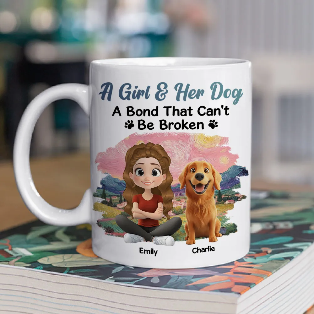 A Girl & Her Dog Ceramic Mug, Personalized Keepsake Gift for Dog Moms, Cute Sunset Illustration for Cozy Coffee - Image 2