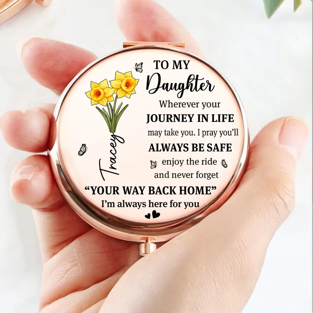 Personalized Metal Compact Mirror for Daughter, Purple Flower Quote, Always Be Safe, Unique Gift From Mom - Image 4