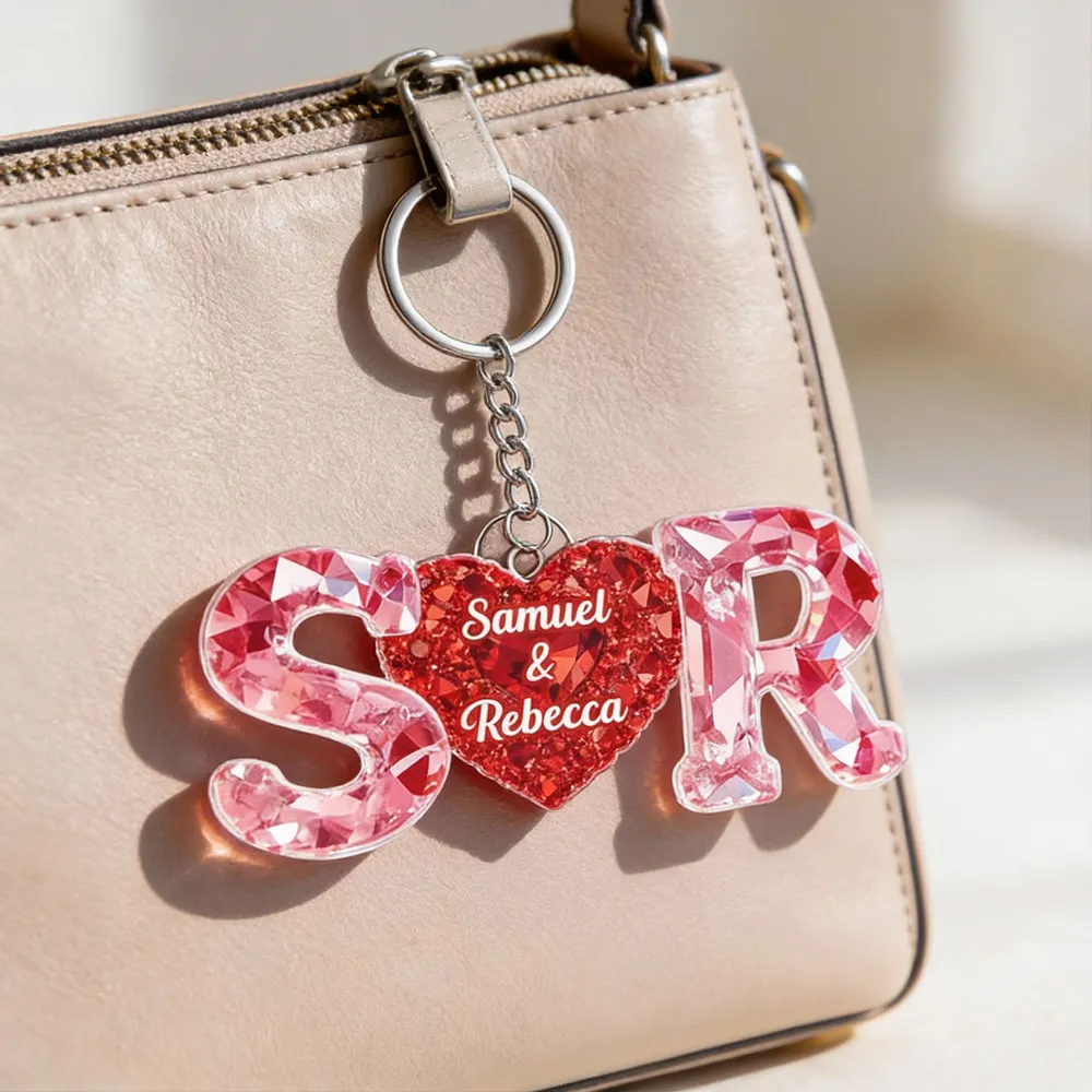Personalized Heart Keychain with Initials and Names, Romantic Red Sparkle Anniversary Gift for Couples - Image 4