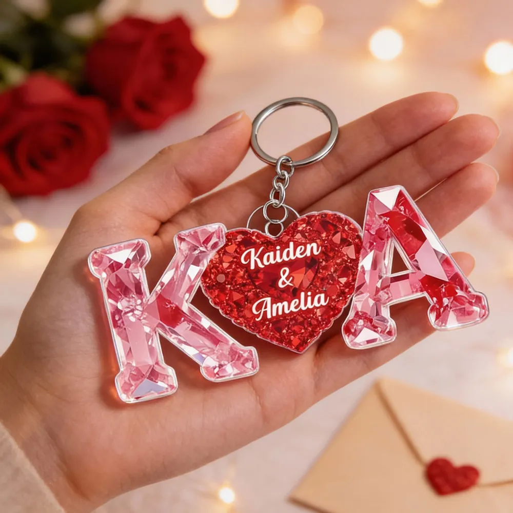 Personalized Heart Keychain with Initials and Names, Romantic Red Sparkle Anniversary Gift for Couples - Image 5