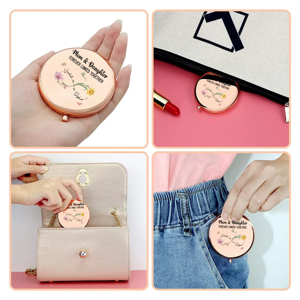Personalized Metal Compact Mirror Mom & Daughter Forever Linked Together Floral Design - Unique Gift for Mom - Image 4