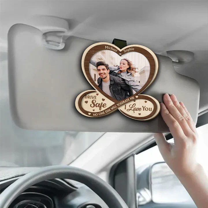 Personalized 2-Layer Wooden Car Visor Clip with Photo Heart Drive Safe I Love You, Unique Couple Gift - Image 2