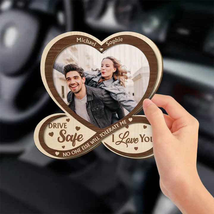 Personalized 2-Layer Wooden Car Visor Clip with Photo Heart Drive Safe I Love You, Unique Couple Gift - Image 3