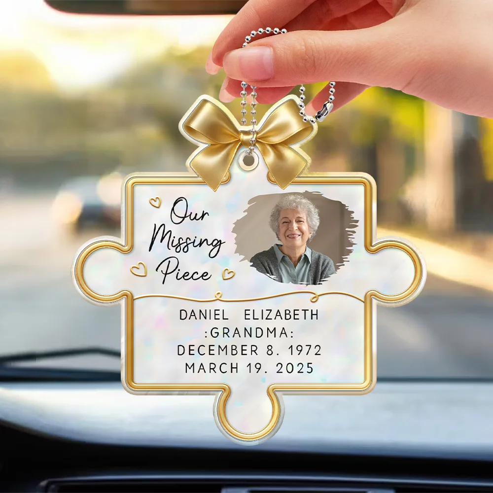 Personalized Acrylic Car Hanger Memorial Puzzle Piece with Photo, Bow & Hearts, Unique Sympathy Gift for Mom - Image 3