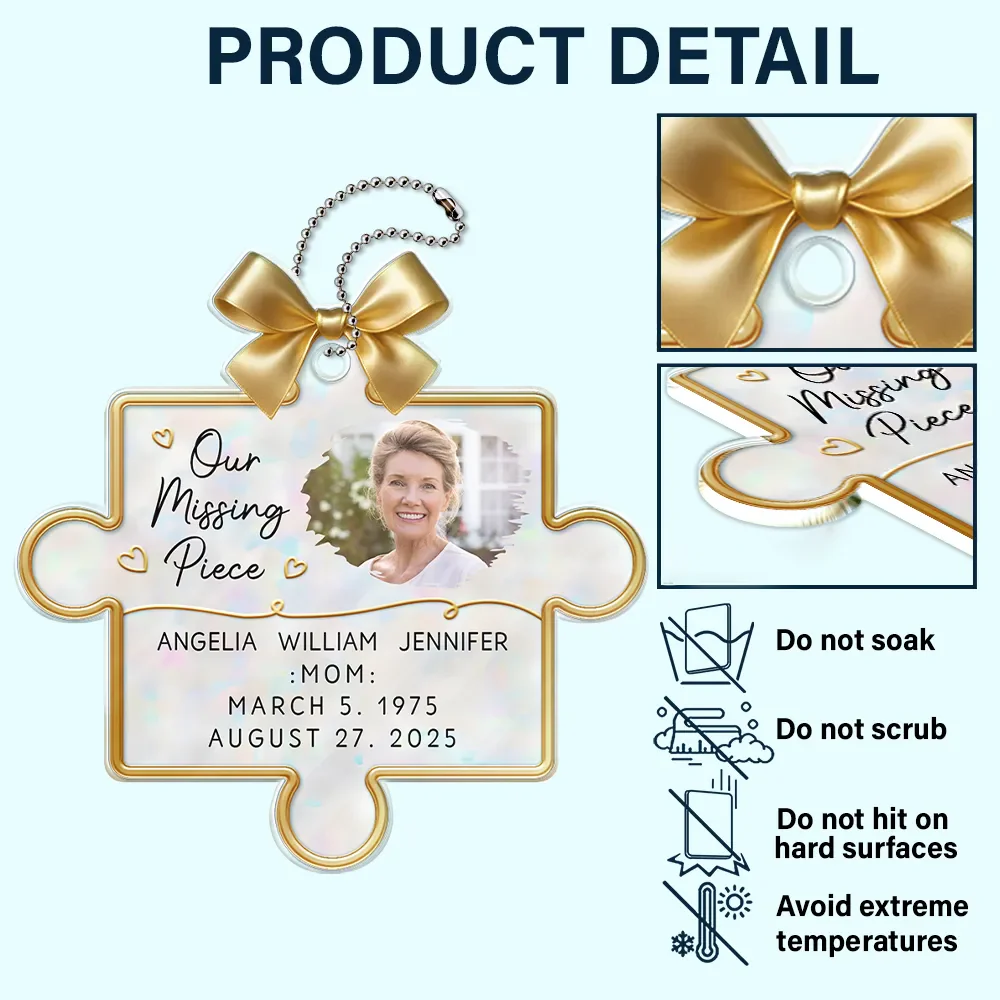 Personalized Acrylic Car Hanger Memorial Puzzle Piece with Photo, Bow & Hearts, Unique Sympathy Gift for Mom - Image 5