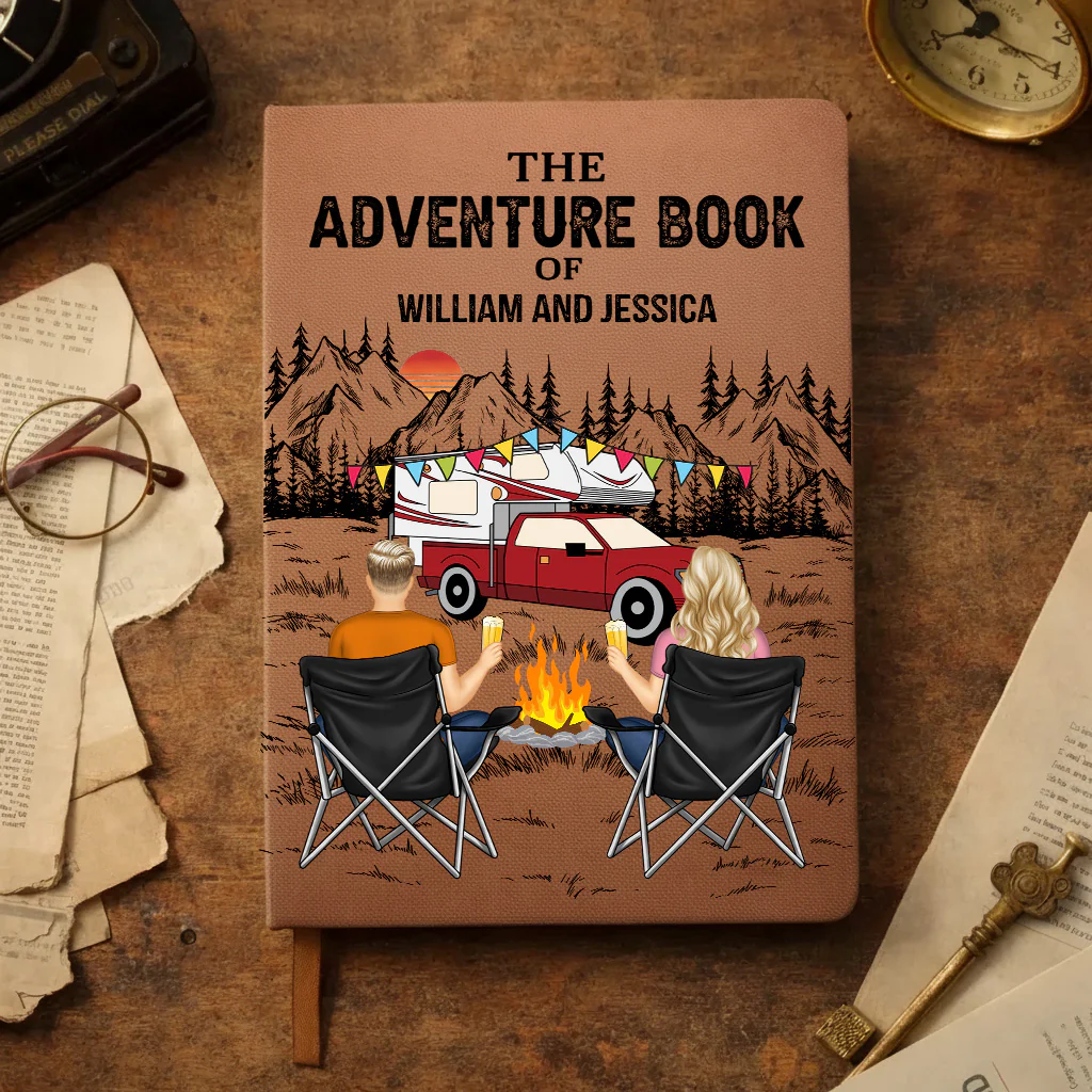 Personalized Leather Journal The Adventure Book Camping Couple by the Campfire Unique Gift for Him or Her - Image 3