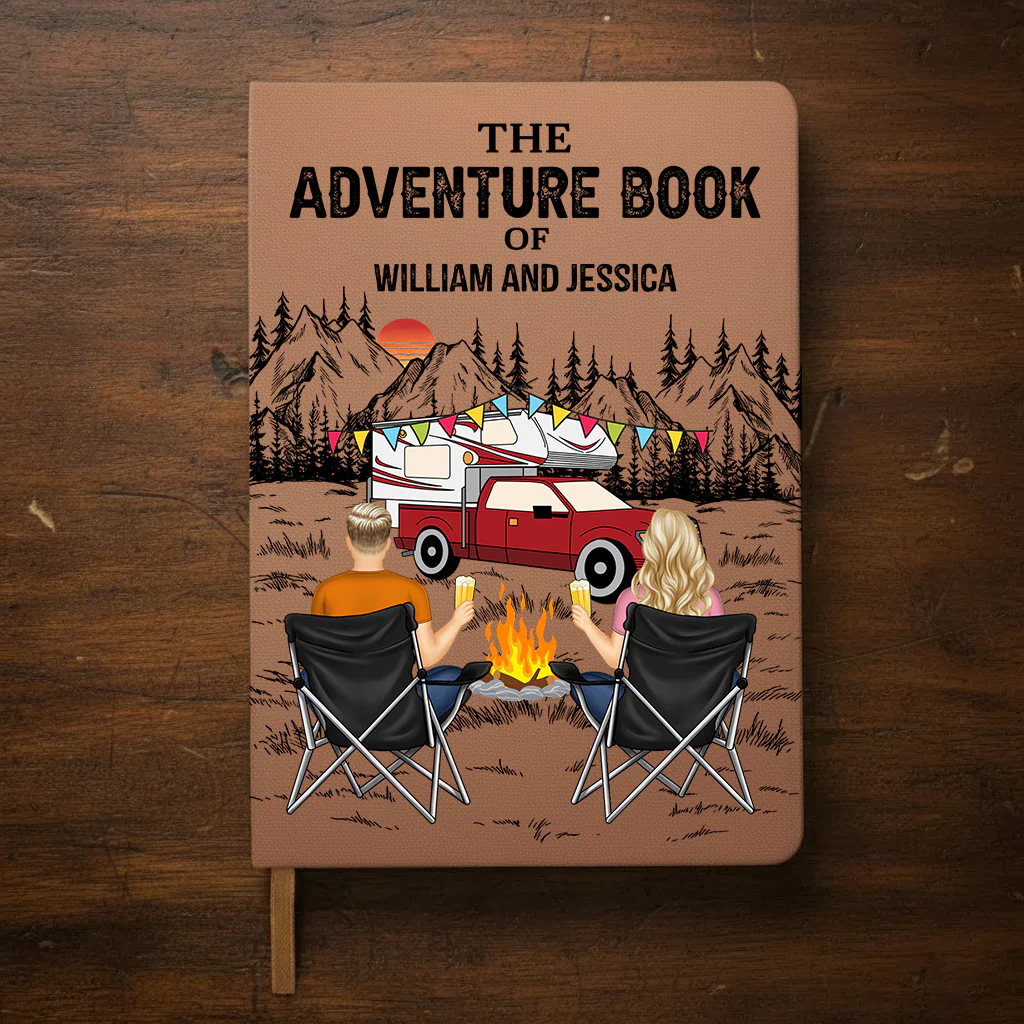 Personalized Leather Journal The Adventure Book Camping Couple by the Campfire Unique Gift for Him or Her - Image 5
