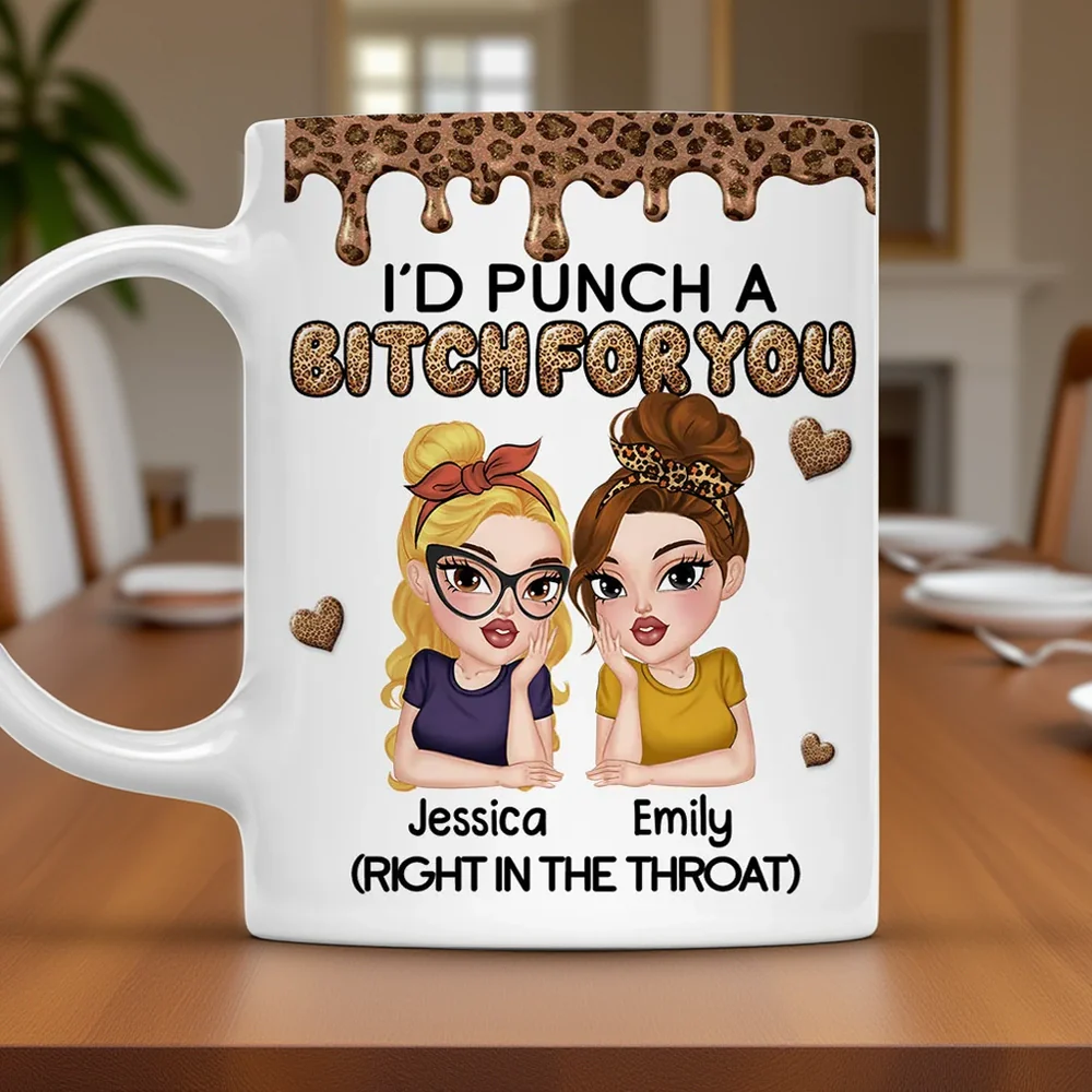 Personalized Sassy Best Friend Ceramic Mug With Cartoon Besties And Hearts, Funny Unique Gift For Coworker Or BFF