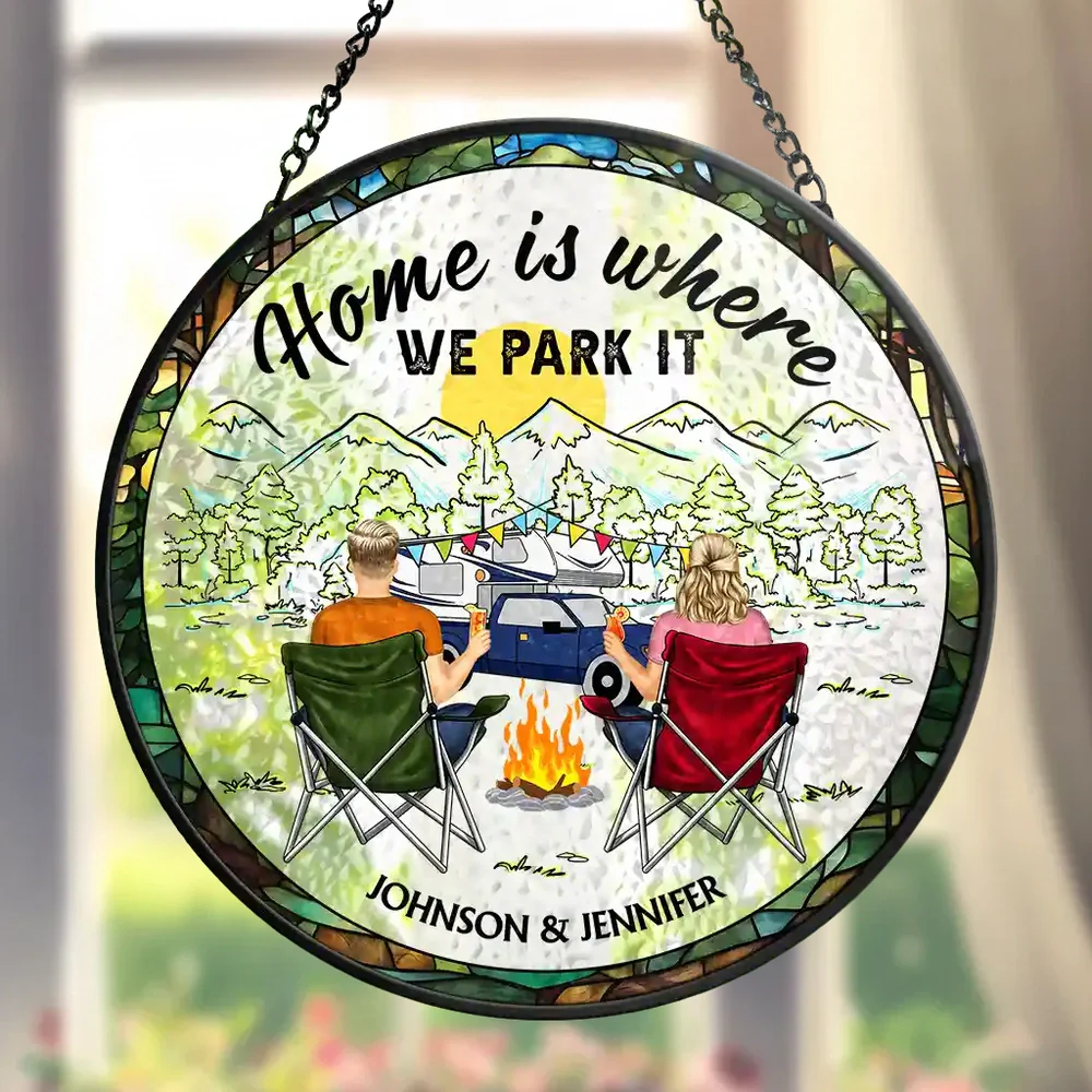 Personalized Glass Suncatcher Ornament Home Is Where We Park It Camping Scene, Unique Gift for Couples