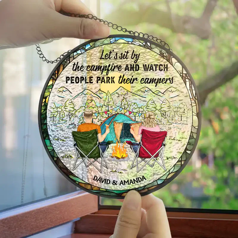 Personalized Glass Suncatcher Ornament Home Is Where We Park It Camping Scene, Unique Gift for Couples - Image 2