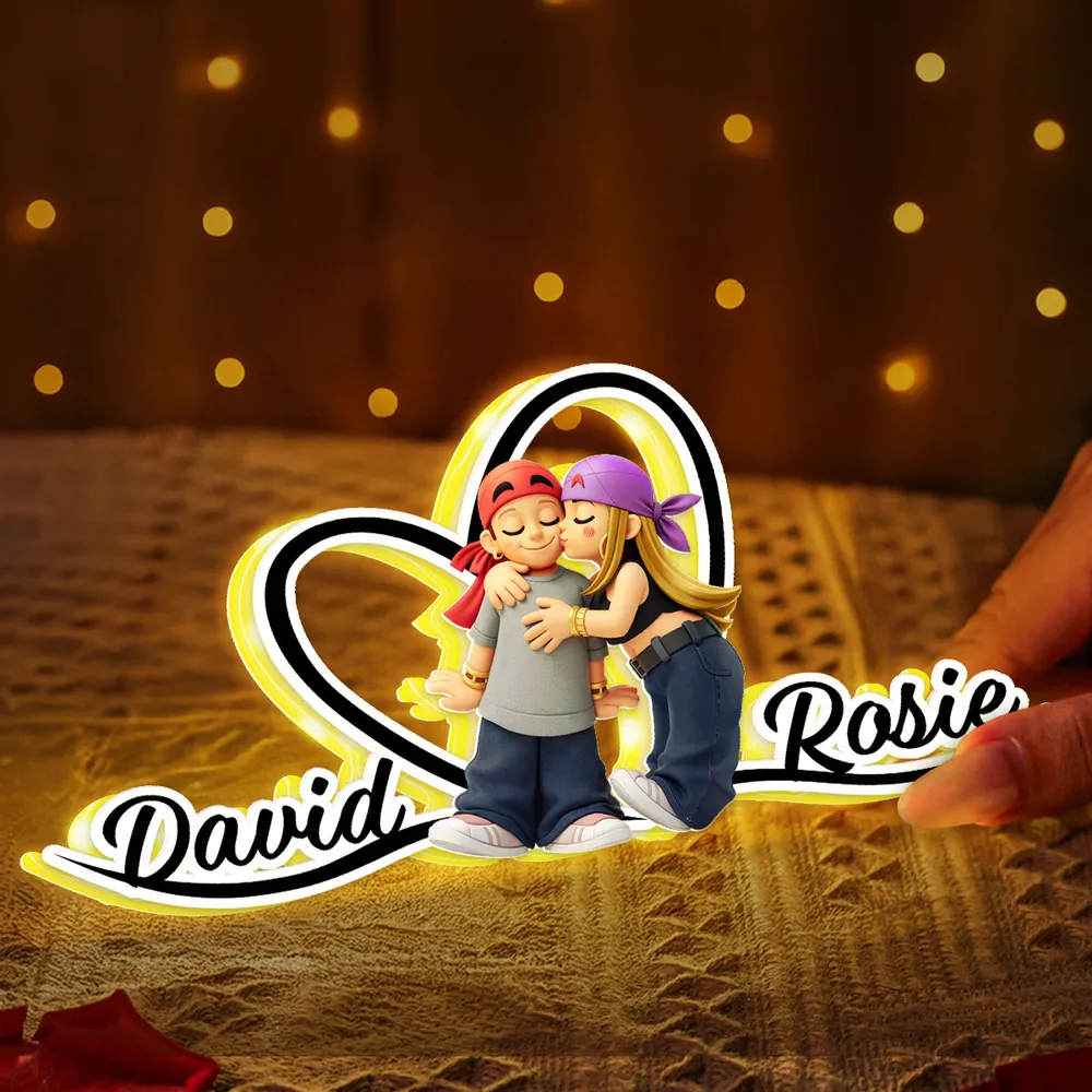 Personalized Acrylic Light Box Y2K Cartoon Couple Kissing Nightstand Decor, Warm Glow Unique Gift for Him or Her - Image 5