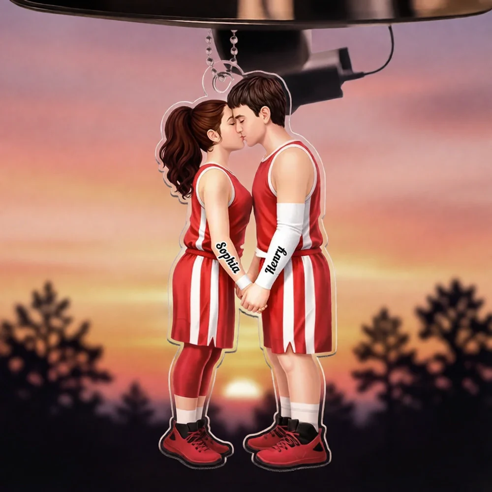 Acrylic Car Hanger with Kissing Basketball Couple, Personalized Cute Car Mirror Decor, Romantic Anniversary Gift