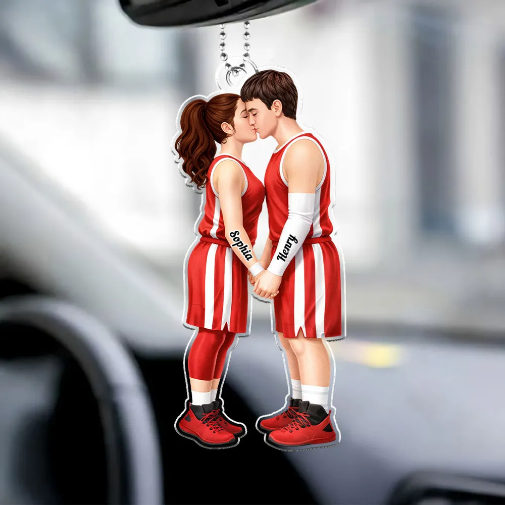 Acrylic Car Hanger with Kissing Basketball Couple, Personalized Cute Car Mirror Decor, Romantic Anniversary Gift - Image 3