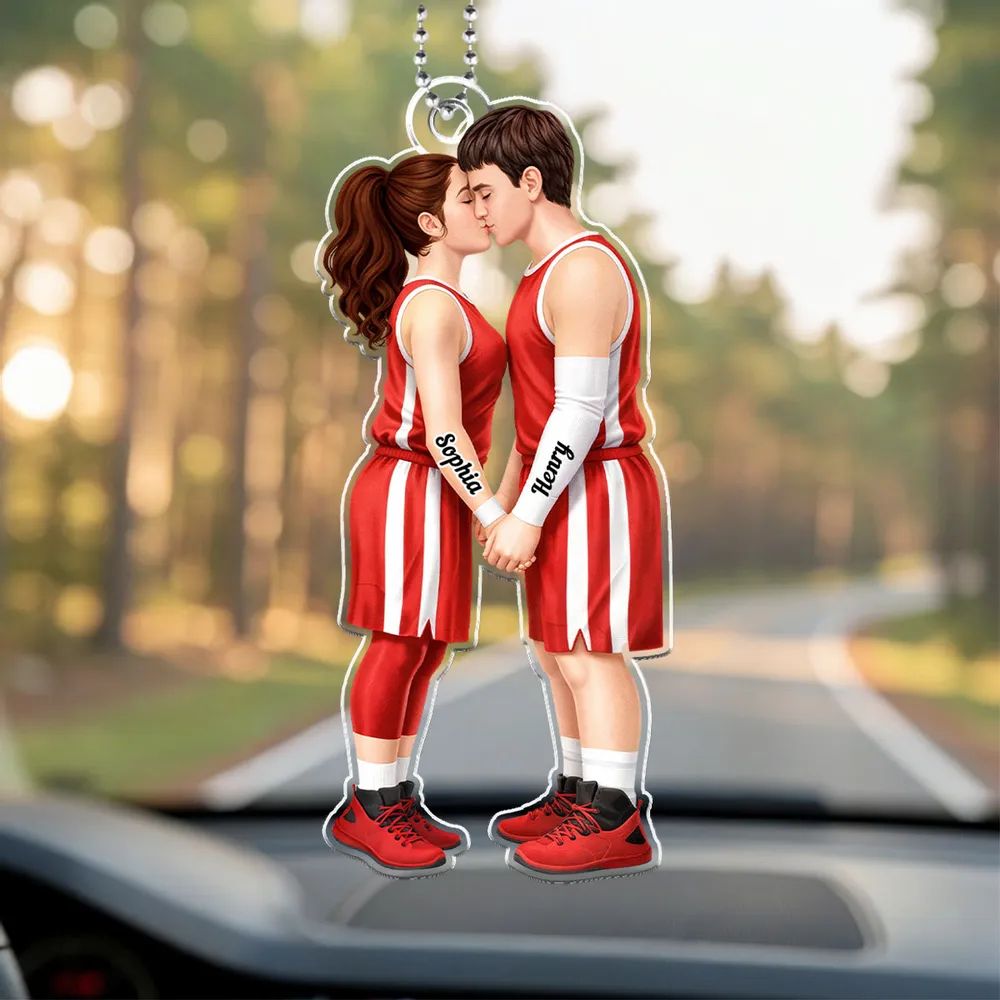 Acrylic Car Hanger with Kissing Basketball Couple, Personalized Cute Car Mirror Decor, Romantic Anniversary Gift - Image 4
