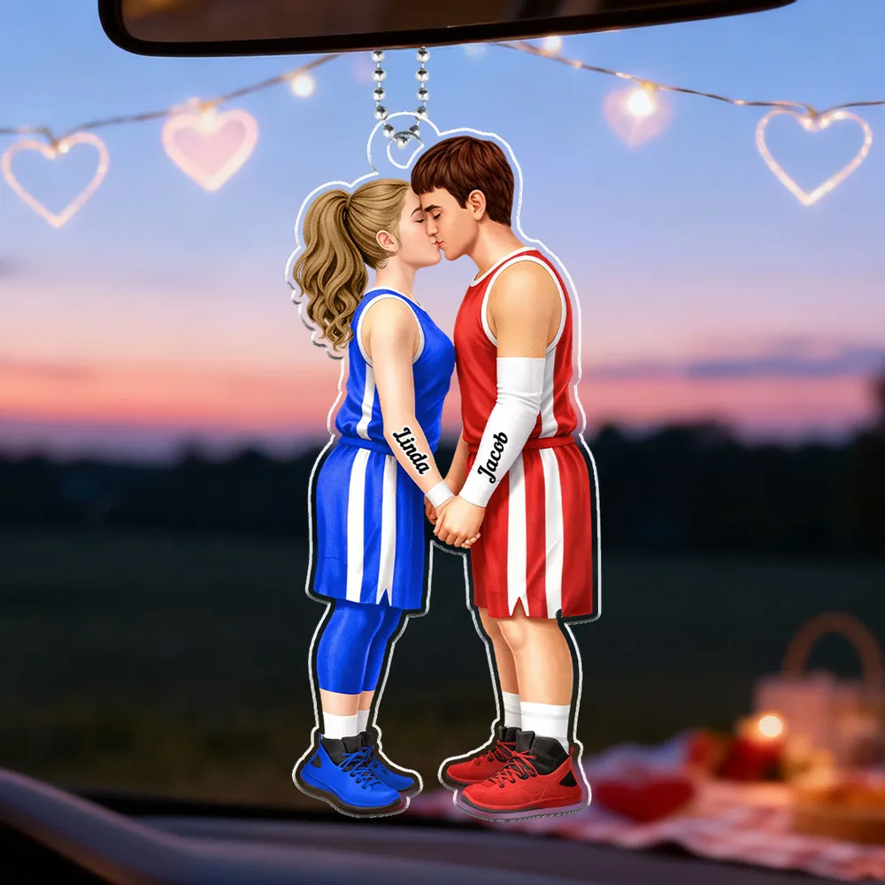 Acrylic Car Hanger with Kissing Basketball Couple, Personalized Cute Car Mirror Decor, Romantic Anniversary Gift - Image 5
